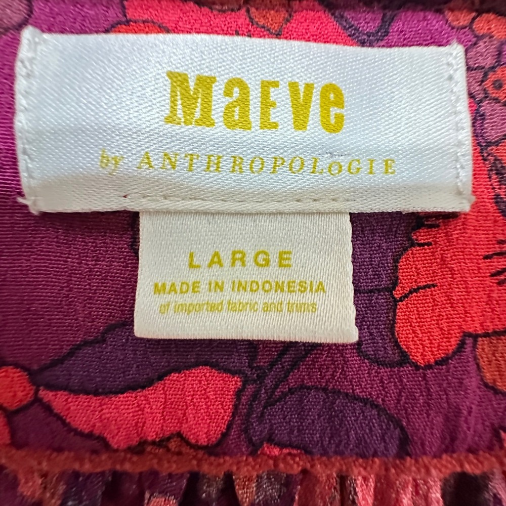 Maeve Anthropologie Fall Floral Blouse Womens Large Magenta Ruched Sleeve Top - Picture 8 of 11